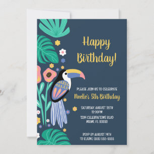Invitación Flores de aves tropicales coloridas en Toucan Bird