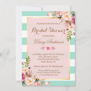Invitación Flores de Baby Shower Rosa Menta Verde Rayas