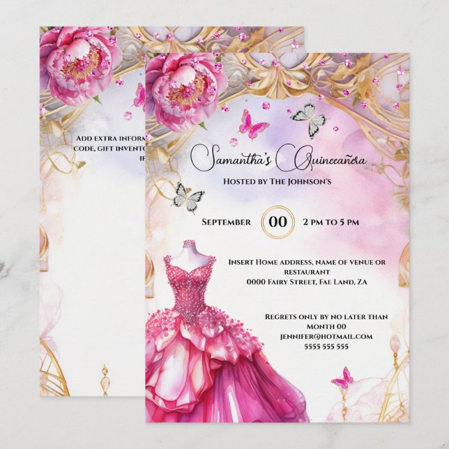 Invitación Flores de baile peony Quinceañera rosa (Anverso / Reverso)
