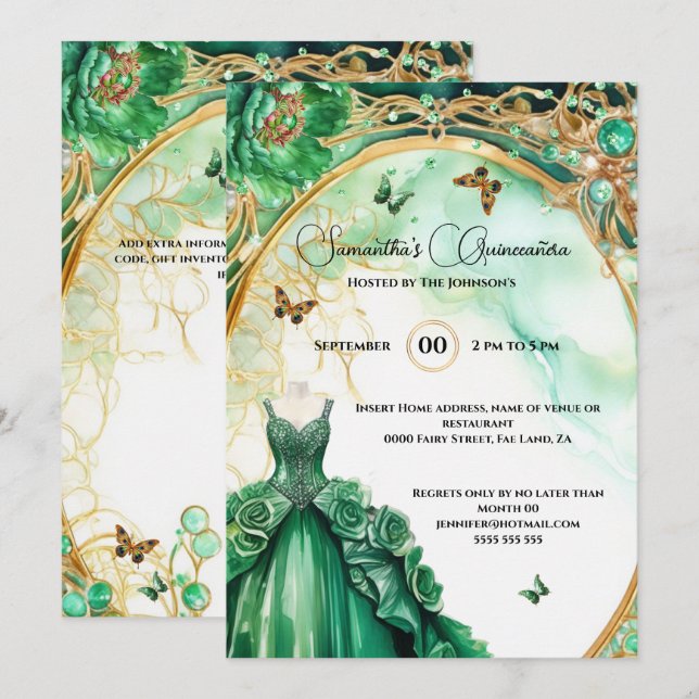 Invitación Flores de baile peony Quinceañera verde elegante (Anverso / Reverso)