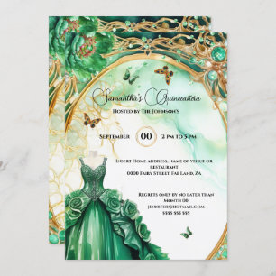 Invitación Flores de baile peony Quinceañera verde elegante