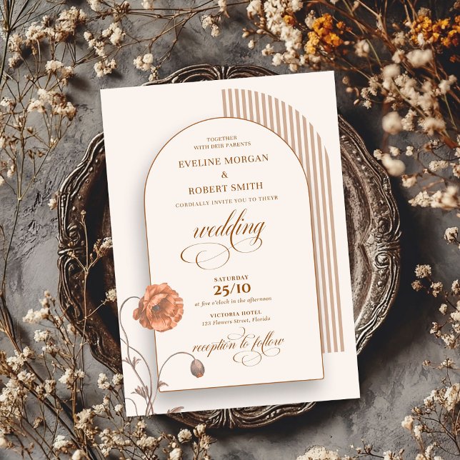 Invitación Flores de barro boho arco terracota marrón (Trendy boho arch terracotta flowers ivory brown invitation)