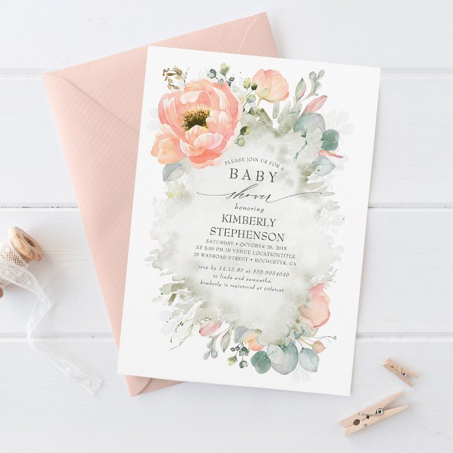 Invitación Flores de bata suave Baby Shower elegante de prima (Subido por el creador)