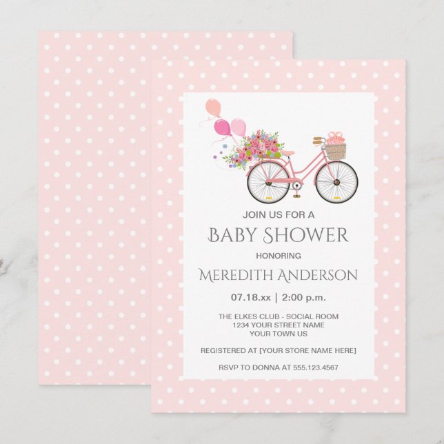 Invitación Flores de bicicleta rosa Baby Shower puntos de pol (Anverso / Reverso)