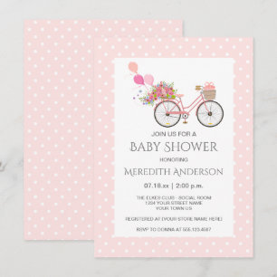 Invitación Flores de bicicletas rosas, puntos de polka en Bab