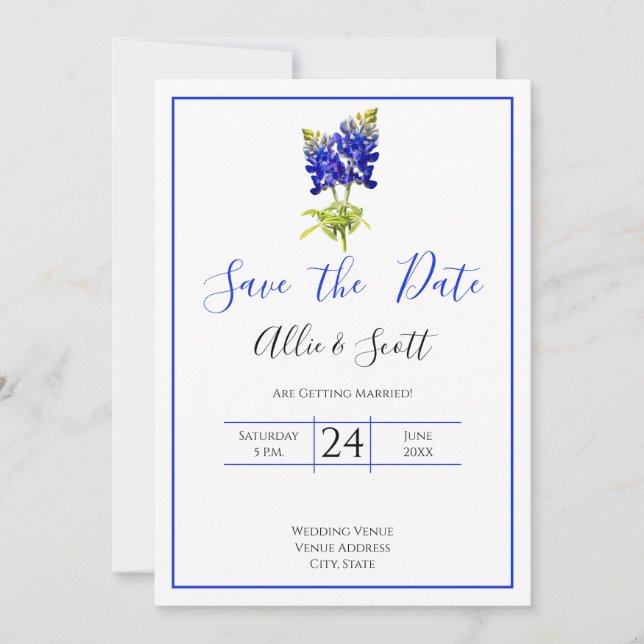 Invitación Flores de Bluebonnet en Texas, fecha de ahorro de  (Anverso)