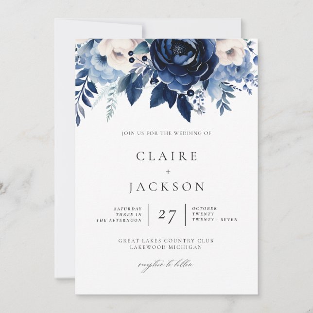 Invitación Flores de Boda azul (Anverso)