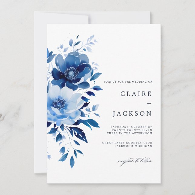 Invitación Flores de Boda azul (Anverso)