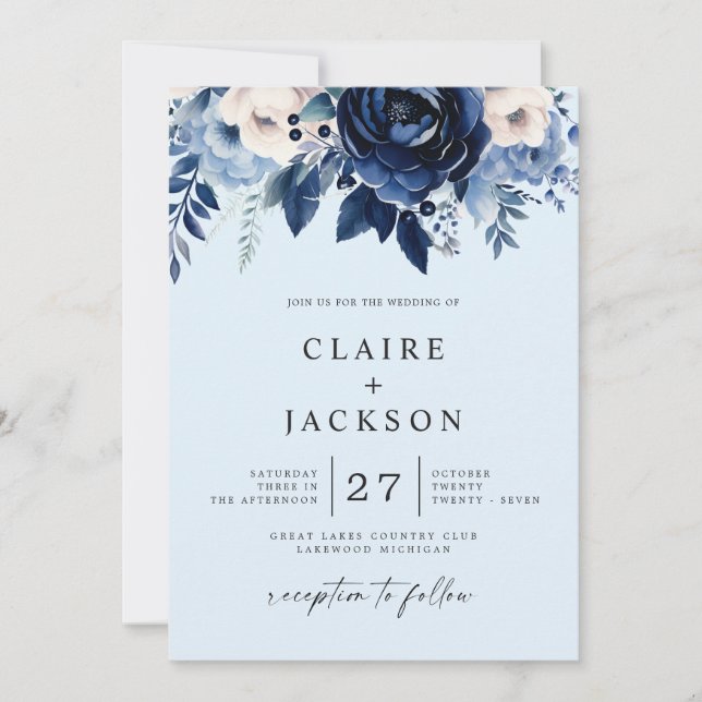 Invitación Flores de Boda azul (Anverso)