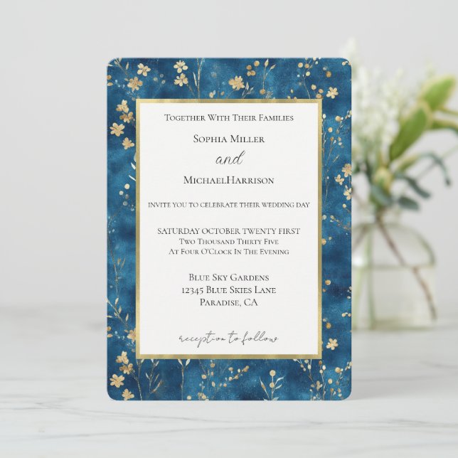 Invitación Flores de Boda Azul Dorado (Anverso de pie)