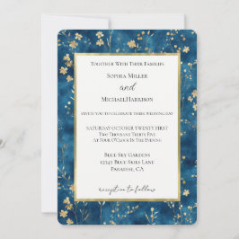 Invitación Flores de Boda Azul Dorado