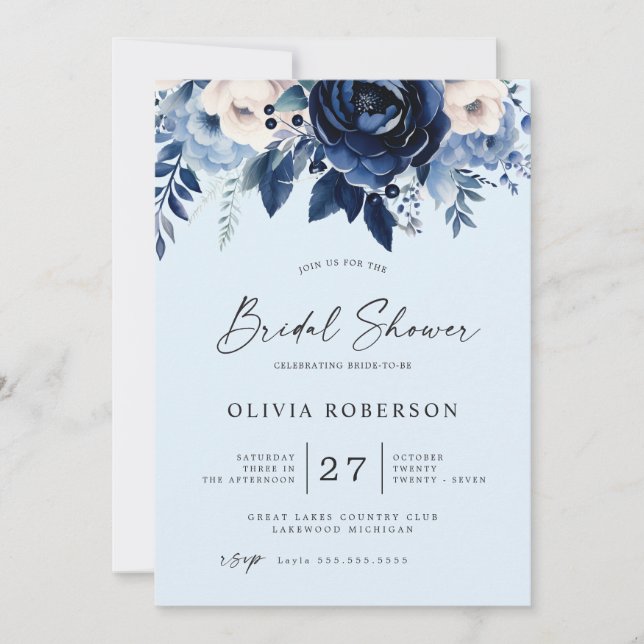 Invitación Flores de Boda azul ducha de novia (Anverso)