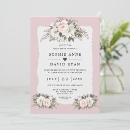 Invitación Flores de boda de acuarela blanca con flores rosad