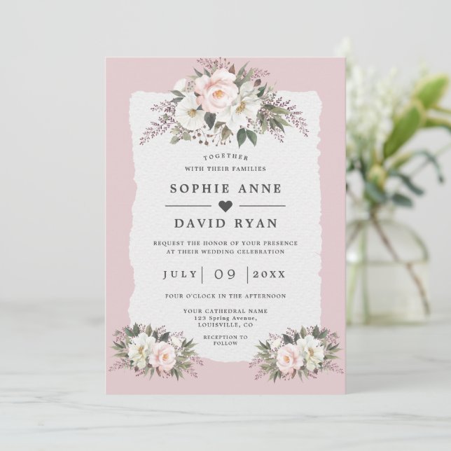 Invitación Flores de boda de acuarela blanca con flores rosad (Anverso de pie)
