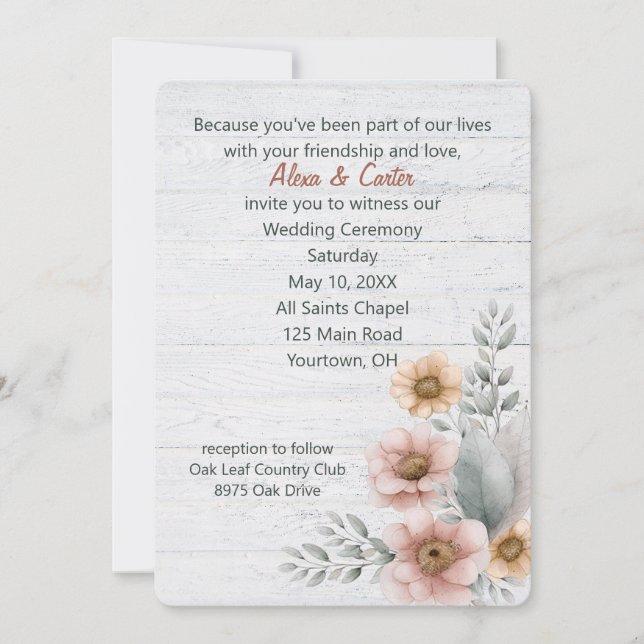 Invitación Flores De Boda De Acuarela En Madera (Anverso)