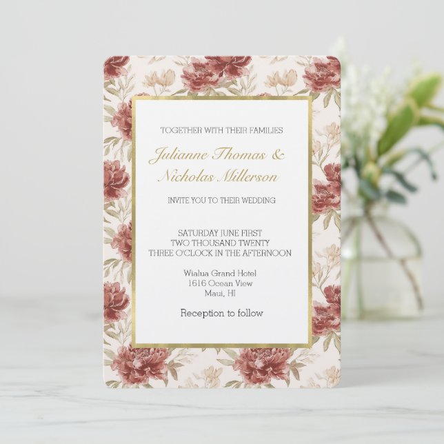 Invitación Flores de Boda de Crema Roja (Anverso de pie)