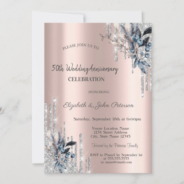 Invitación Flores de boda de invierno con gotas de purpurina  (Anverso)