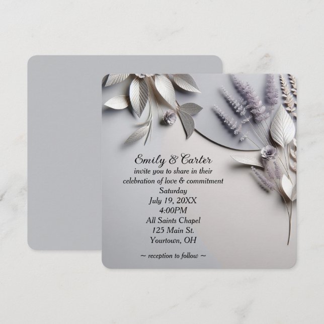 Invitación Flores De Boda En Plata (Anverso / Reverso)