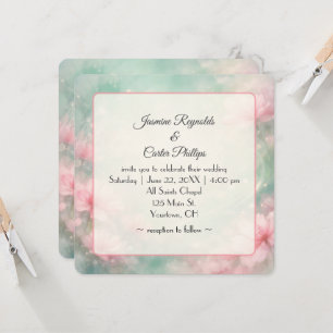 Invitación Flores de boda rosadas sobre abstracto verde menta