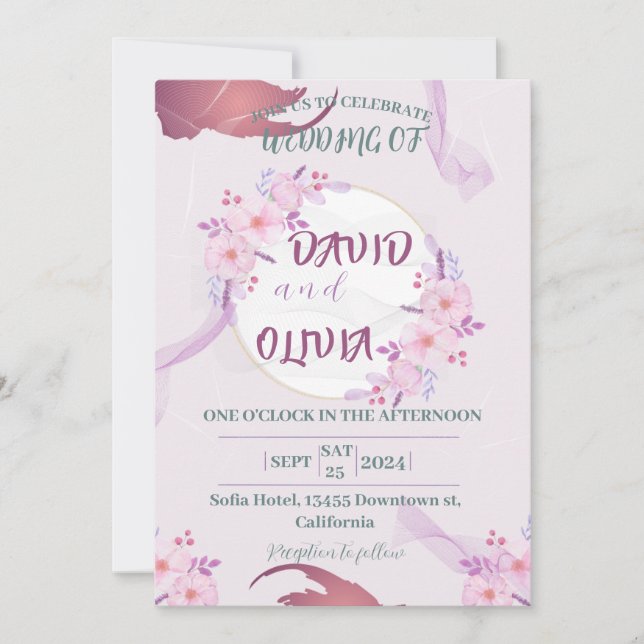 Invitación Flores de boda rosadas, violetas, elegantes círcul (Anverso)