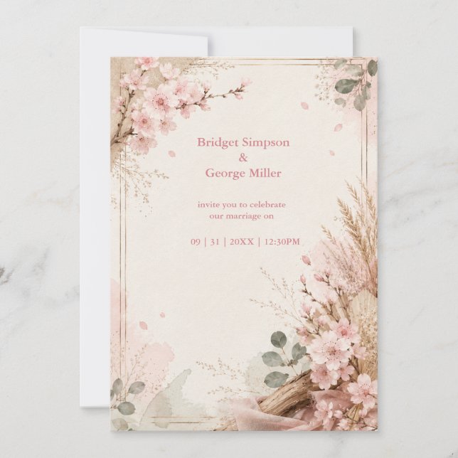 Invitación Flores de Boda Rústicas Boho Sakura (Anverso)