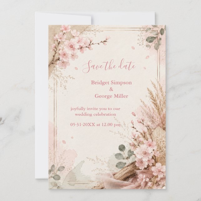Invitación Flores de Boda Rústicas Boho Sakura (Anverso)