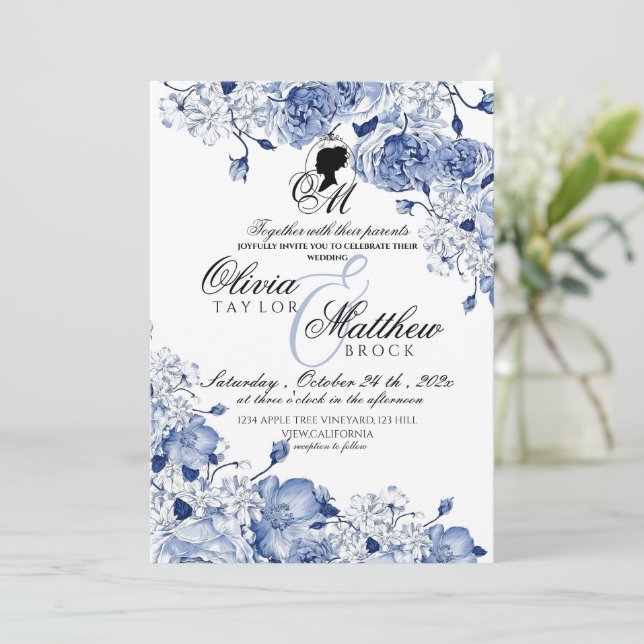 Invitación Flores de bodas de jardín Rosa azul elegante (Anverso de pie)