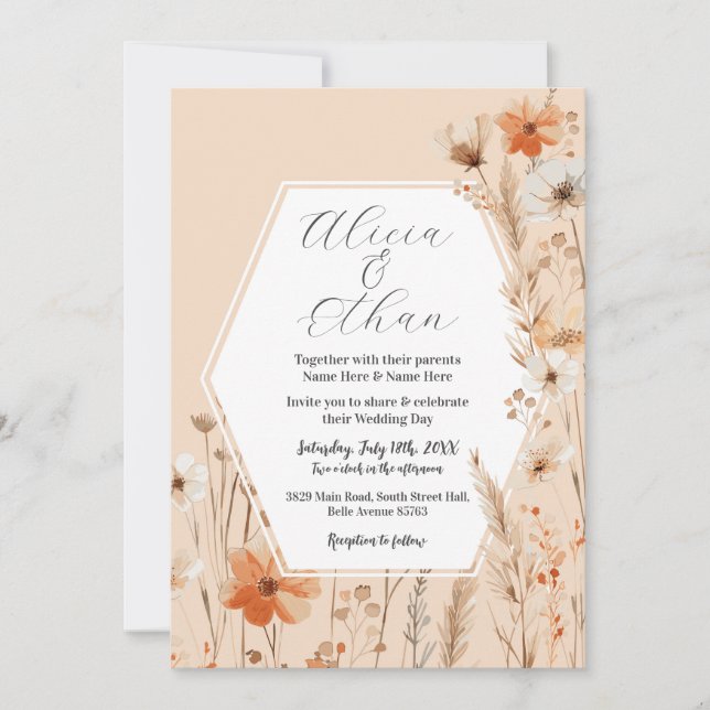 Invitación Flores de Boho Boda Peach Florals (Anverso)