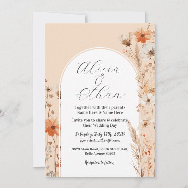 Invitación Flores de Boho Boda Peach Florals (Anverso)