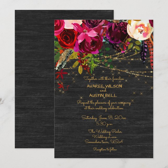 Invitación Flores de Boho de Borgoña Black Barnboard (Anverso / Reverso)