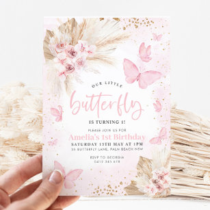 Invitación Flores de Boho de mariposa rosa primer cumpleaños 