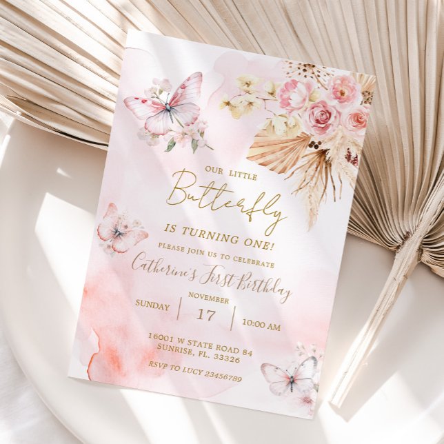 Invitación Flores de Boho de mariposa rosa primer cumpleaños  (Subido por el creador)
