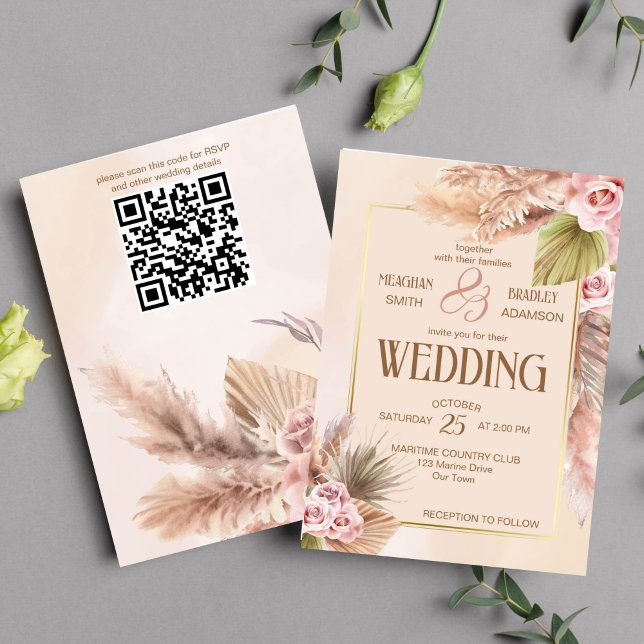 Invitación Flores de boho de pasto caen (Boho pampas grass cream roses beige wedding template invitation instant download )