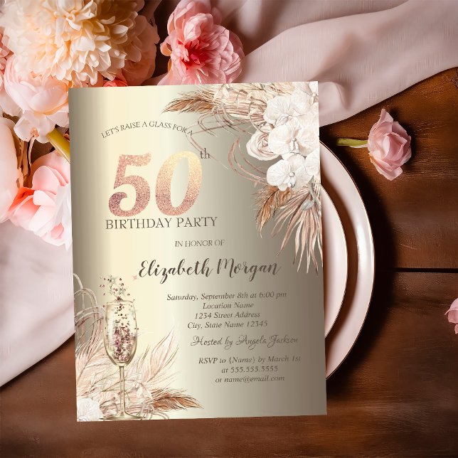 Invitación Flores de Boho, oro de vidrio de champagne 50 (Subido por el creador)