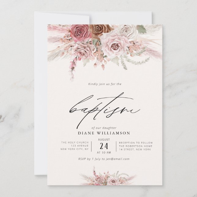 Invitación flores de boho rosa polvoriento tema rosa bautizo  (Anverso)