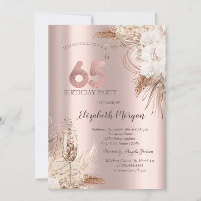 Invitación Flores De Boho, Vidrio De Champagne, Oro Rosa 65 (Anverso)