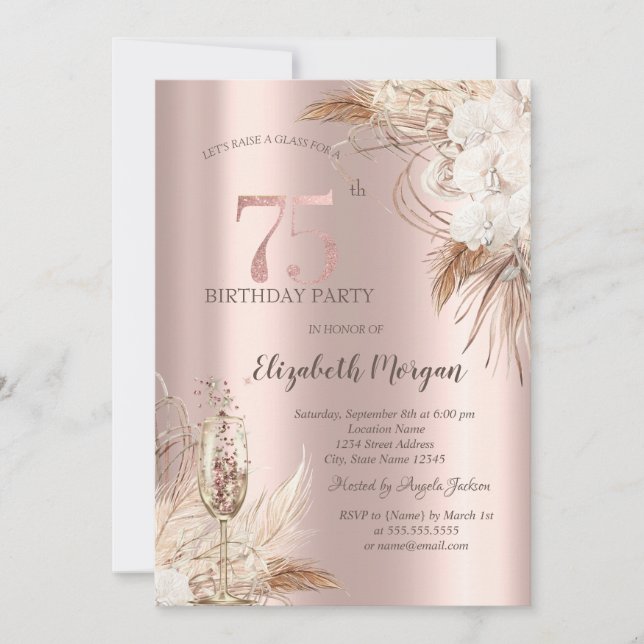 Invitación Flores De Boho, Vidrio De Champagne, Oro Rosa 75 (Anverso)