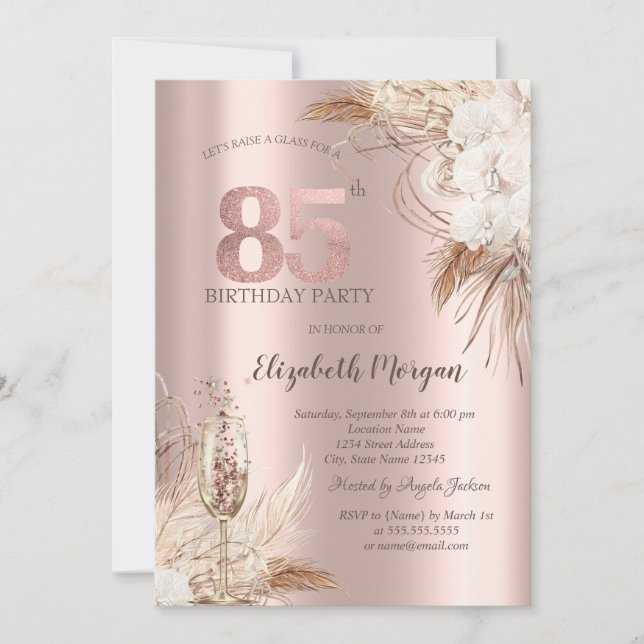 Invitación Flores De Boho, Vidrio De Champagne, Oro Rosa 85 (Anverso)