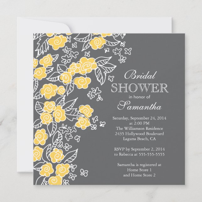 Invitación Flores de bonito Moderna Ducha Gris y Amarilla (Anverso)