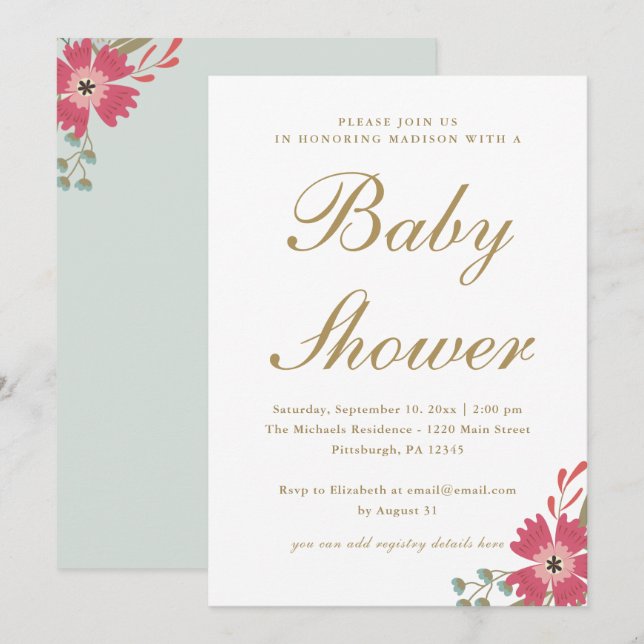 Invitación Flores de bonito y Baby Shower verde de fábrica (Anverso / Reverso)