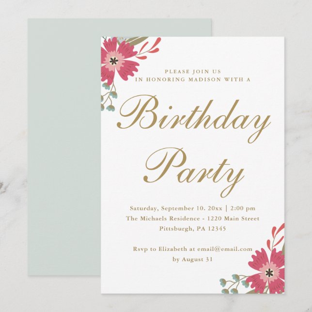 Invitación Flores de bonito y fiesta de cumpleaños verde de l (Anverso / Reverso)