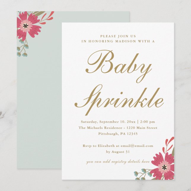 Invitación Flores de bonito y rociado de bebé verde de menta (Anverso / Reverso)