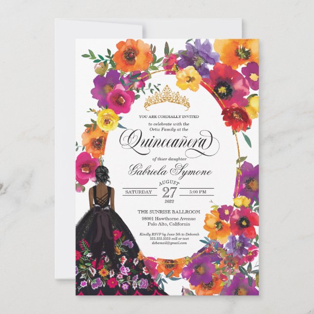 Invitación Flores de bordado acuarela Floral Quinceañera (Anverso)