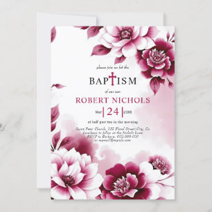 Invitación Flores de Borgoña acuarela chica Baptismo