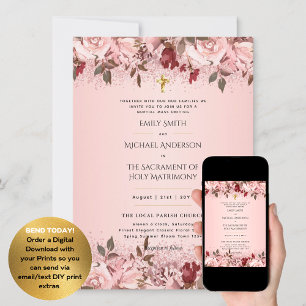 Invitación Flores de Borgoña Boda de Masa Nupcial católico