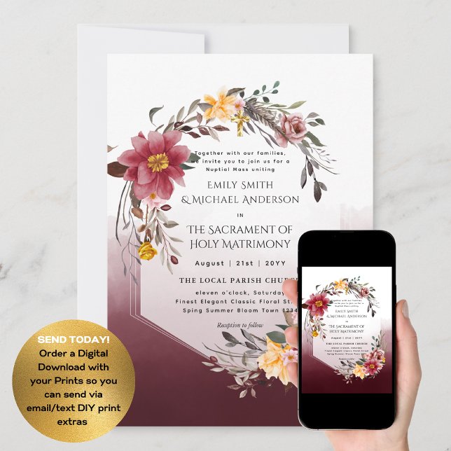 Invitación Flores de Borgoña Boda de Masa Nupcial católico (Subido por el creador)