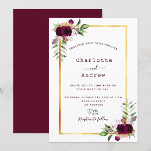 Invitación Flores de Borgoña boda del boho de oro de la veget
