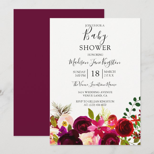 Invitación Flores de Borgoña Boho Floral Baby Shower (Anverso / Reverso)