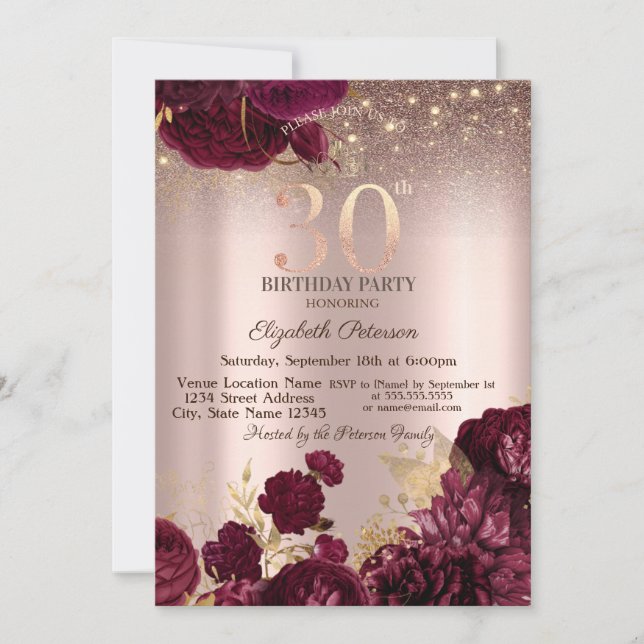 Invitación Flores de Borgoña Brillo Rosa Dorado Cumpleaños 30 (Anverso)