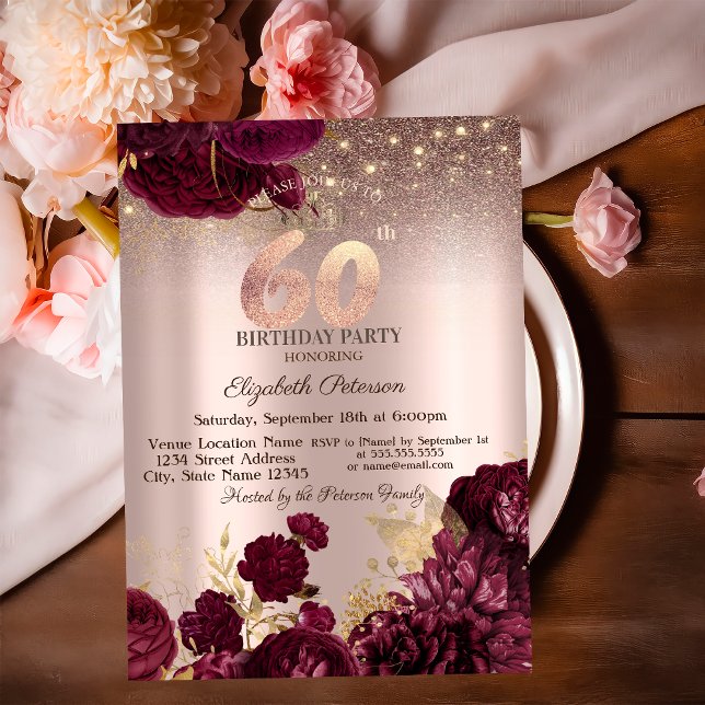 Invitación Flores de Borgoña Brillo Rosa Dorado Cumpleaños 60 (Subido por el creador)
